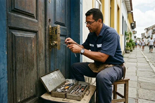 Chaveiro fazendo manutenção em fechaduras em Bragança.